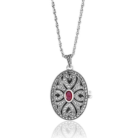 Marcasite Openwork Oval Locket with Garnet and 24" Chain - Click Image to Close
